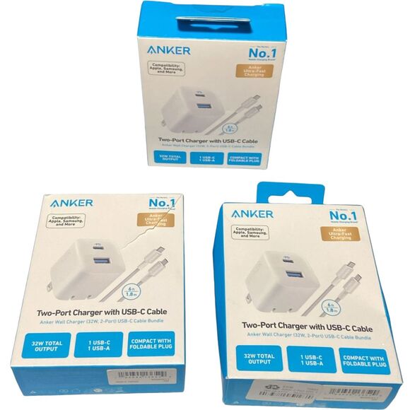 Anker 33W 2‑Port USB‑C Wall Charger + 6ft Cable White Lot of 3 NEW Box Wear - Picture 6 of 10